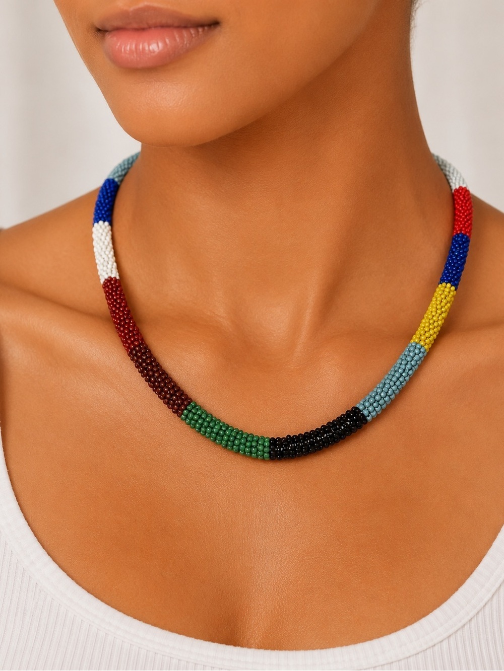 Multicolor Seed-Bead Tube Necklace — Vibrant Colorblock Style